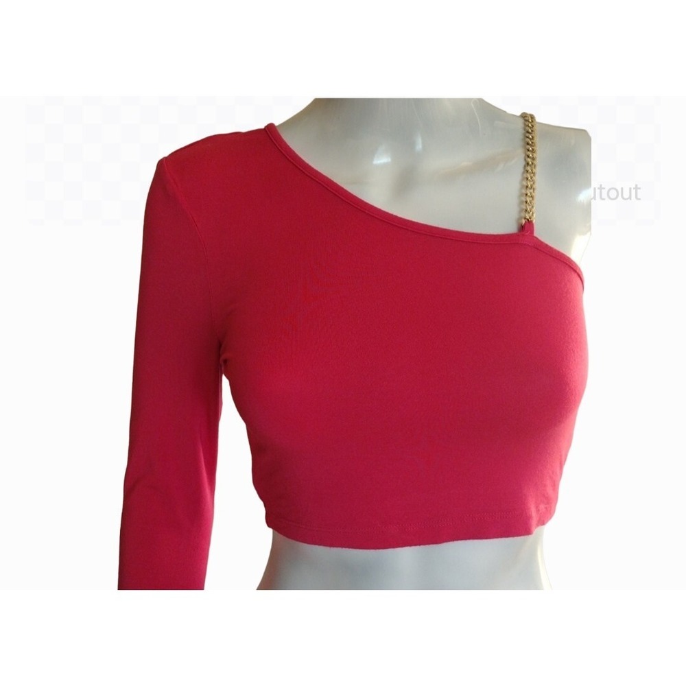 Shein Blouse Women's 4 Hot Pink One ShoulderSleeve Cropped Gold Strap‎ Chain
